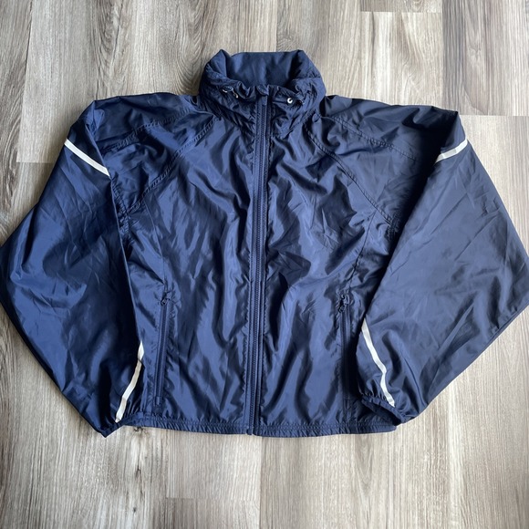 SWEATY BETTY PACK AWAY JACKET WOMENS REFLECTIVE STRIPES S NAVY BLUE - Picture 1 of 8